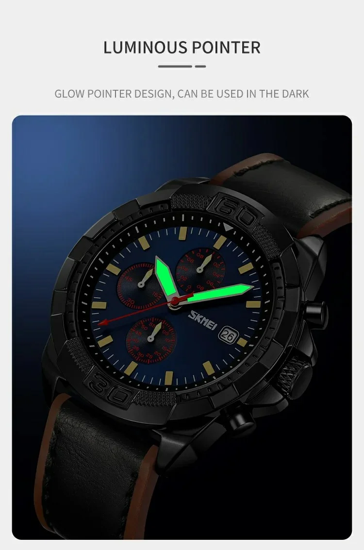 SKMEI 9347 Stylish Men Leather Strap Luminous Calendar Quartz Watch - Coffee Strap / Black Dial 7