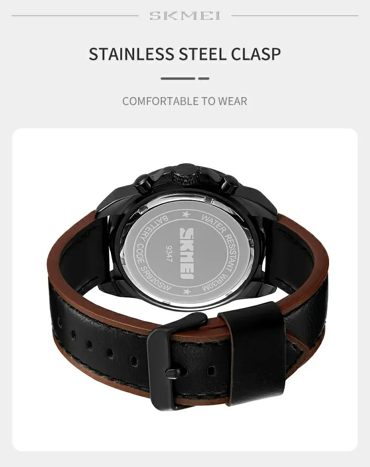 SKMEI 9347 Stylish Men Leather Strap Luminous Calendar Quartz Watch - Coffee Strap / Black Dial 8