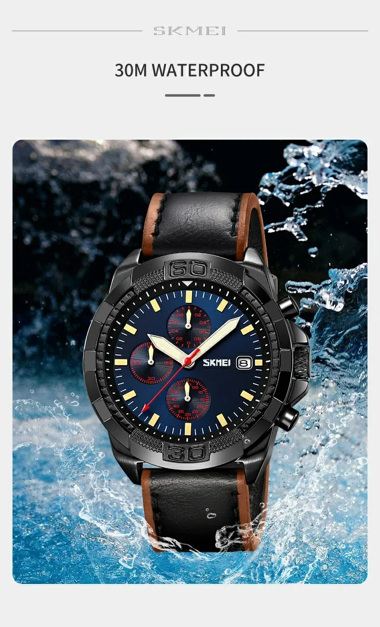 SKMEI 9347 Stylish Men Leather Strap Luminous Calendar Quartz Watch - Coffee Strap / Black Dial 9