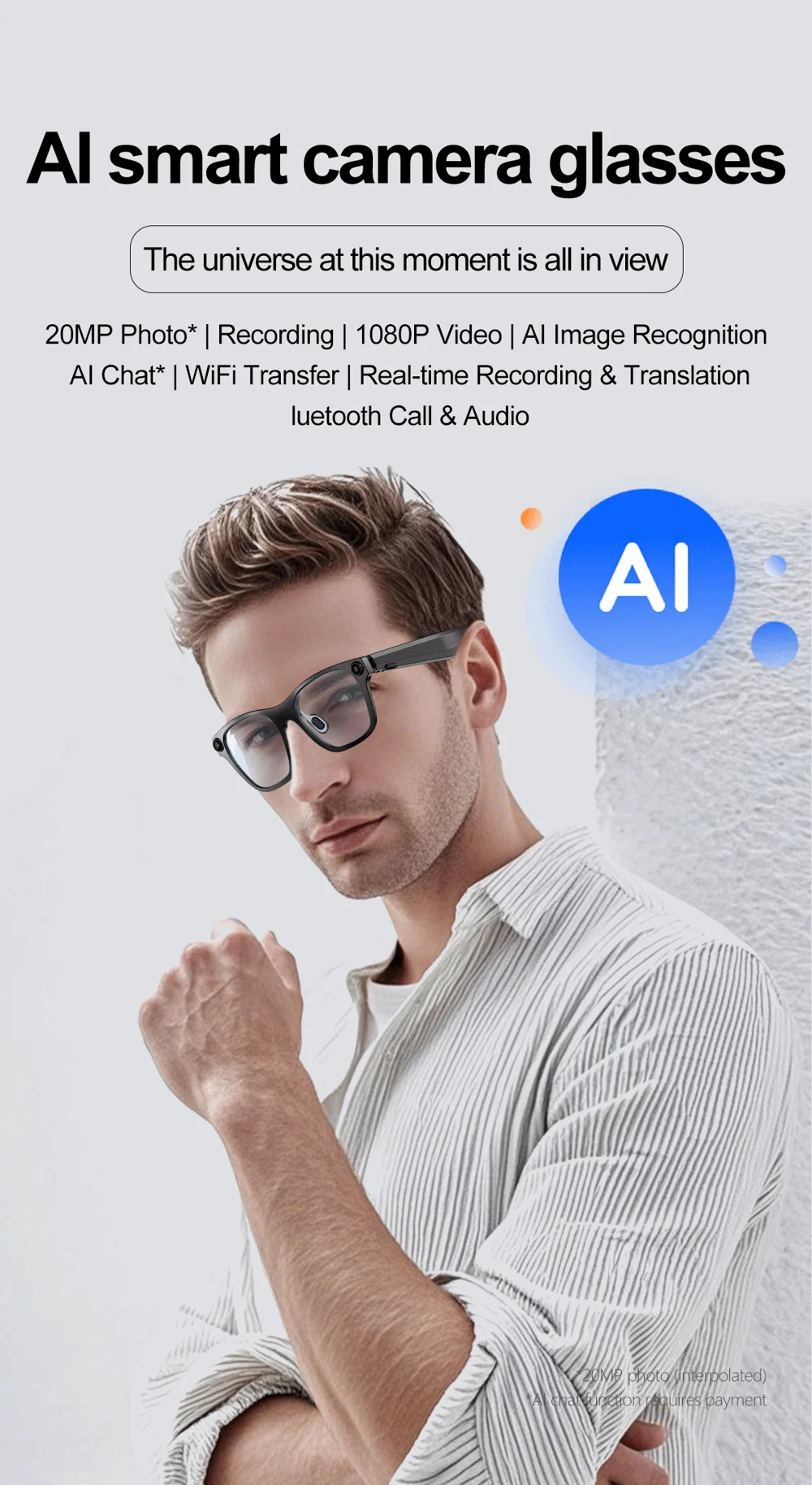 Lunettes intelligentes S336 AI Translator, appels compatibles Bluetooth, enregistrement vidéo anti-tremblement 5 MP, caméra 1