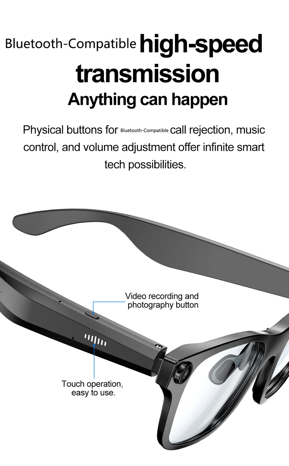 Lunettes intelligentes S336 AI Translator, appels compatibles Bluetooth, enregistrement vidéo anti-vibrations 5 MP, caméra 16