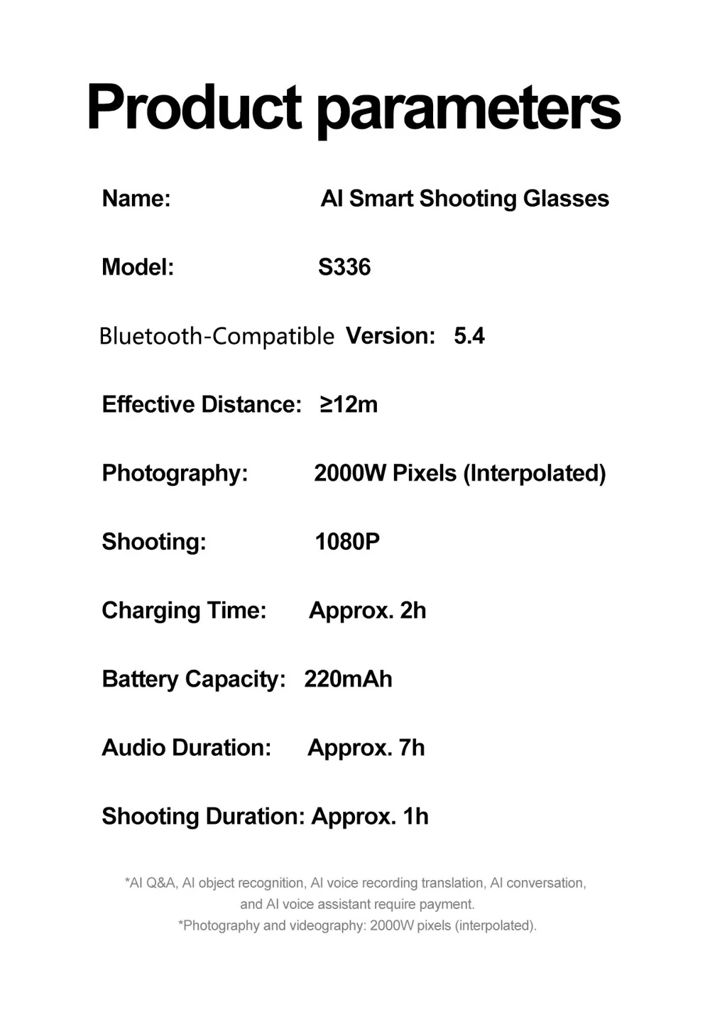 Lunettes intelligentes S336 AI Translator, appels compatibles Bluetooth, enregistrement vidéo anti-vibrations 5 MP, caméra 18