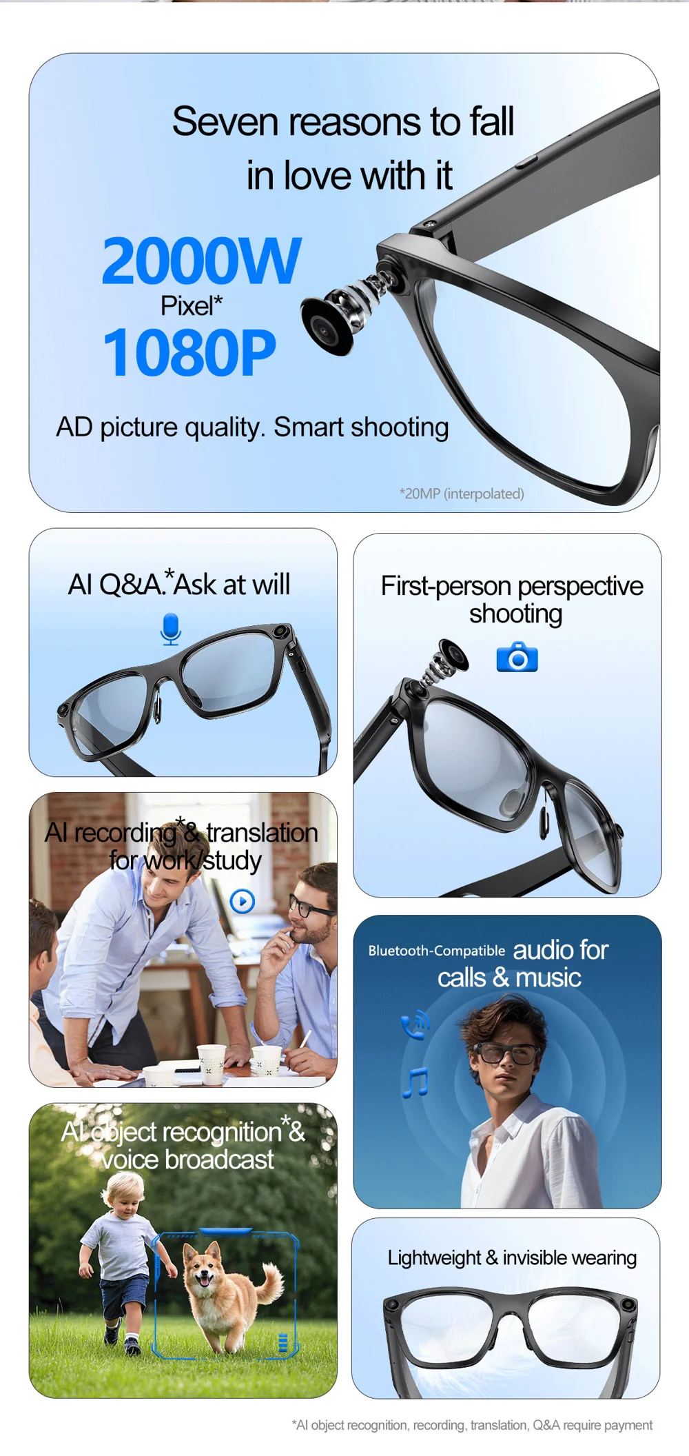 Lunettes intelligentes S336 AI Translator, appels compatibles Bluetooth, enregistrement vidéo anti-vibrations 5 MP, caméra 2