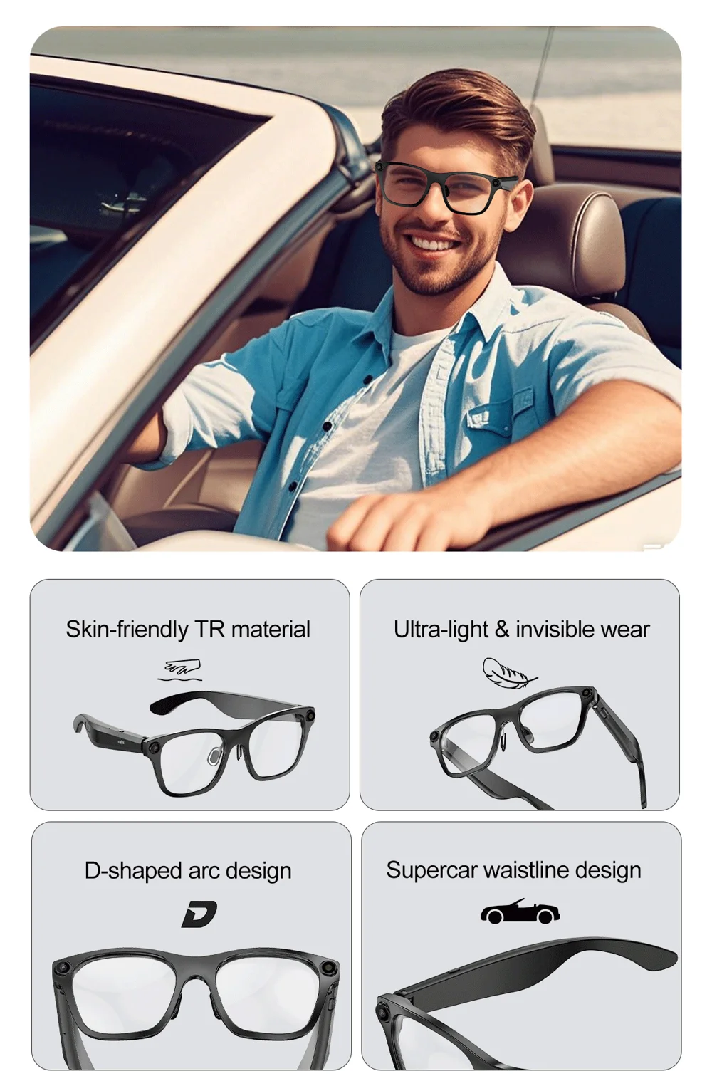 Lunettes intelligentes S336 AI Translator, appels compatibles Bluetooth, enregistrement vidéo anti-vibrations 5 MP, caméra 4
