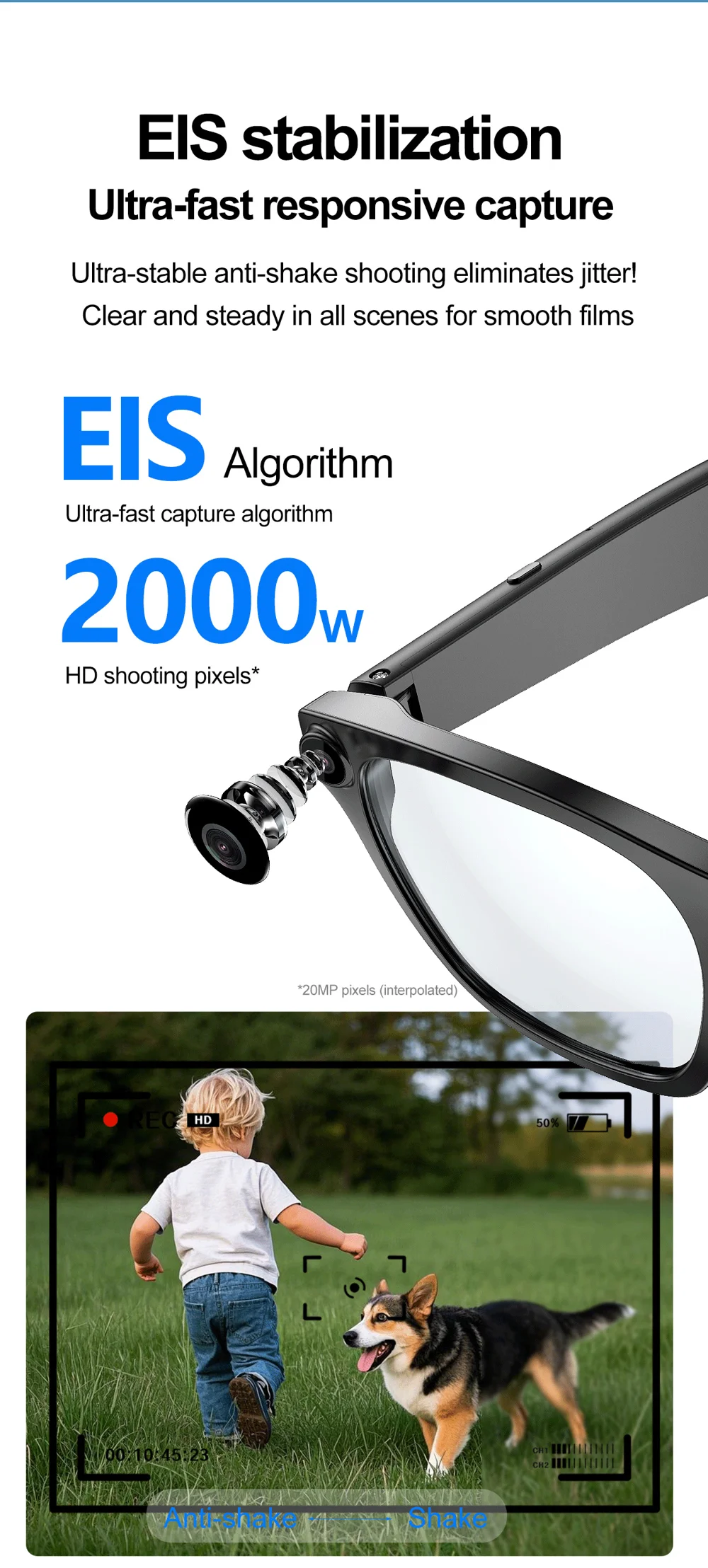 Lunettes intelligentes S336 AI Translator, appels compatibles Bluetooth, enregistrement vidéo anti-vibrations 5 MP, caméra 8