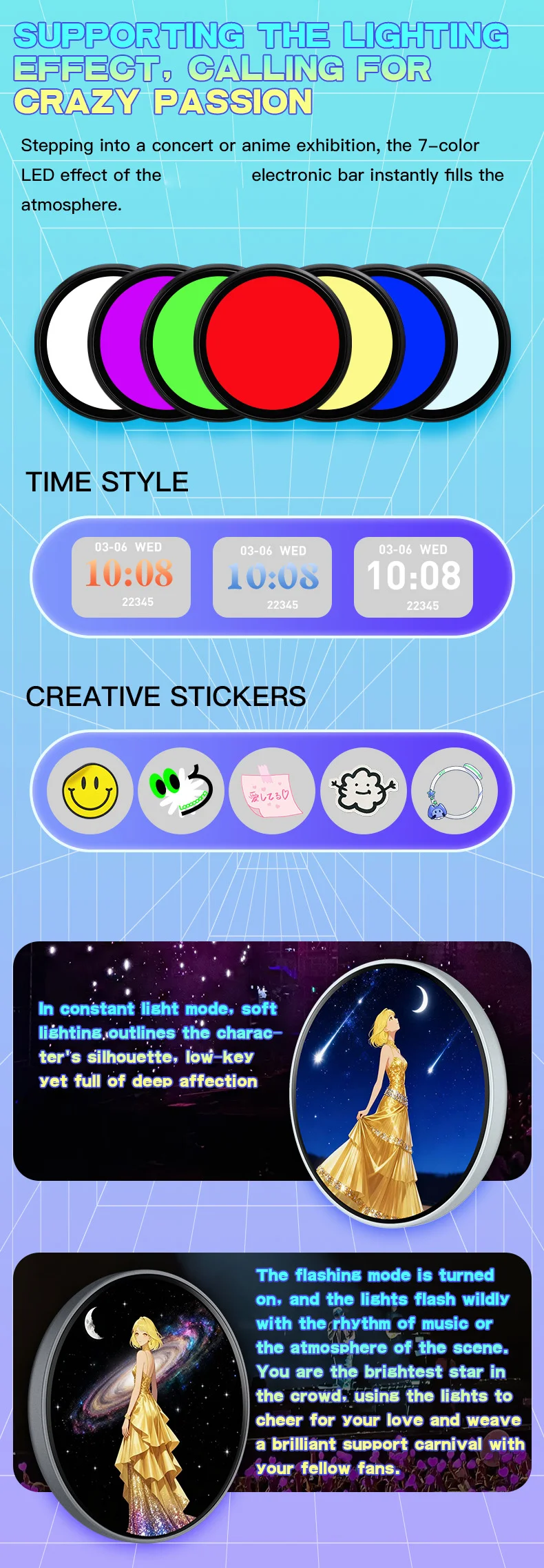 L8 Electronic Badge 1.5 Inch LCD Name Tag for Students Fans Bluetooth-compatible Dynamic Screen Brooch Pin - Silver White 6