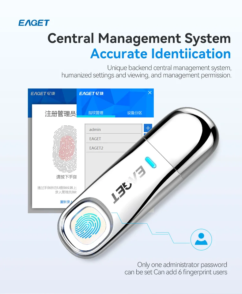 EAGET FU60 Fingerprint Encryped Flash Drive USB 3.0 U Disk Zinc Alloy Memory Stick for Laptops Computers - 64G 3