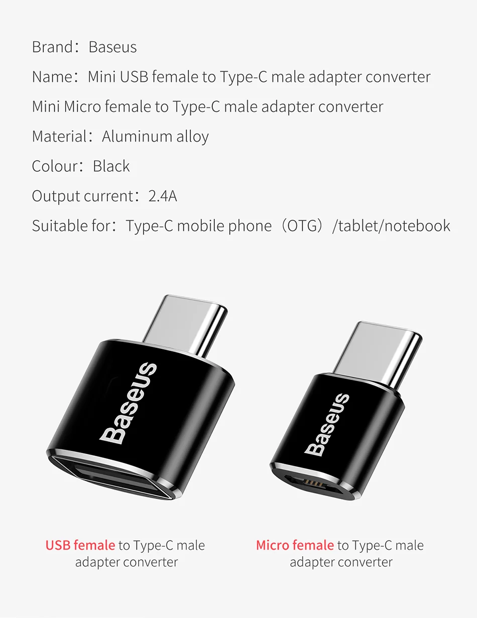 BASEUS Mini USB Female to Type-c Male Adapter Converter - Black 15
