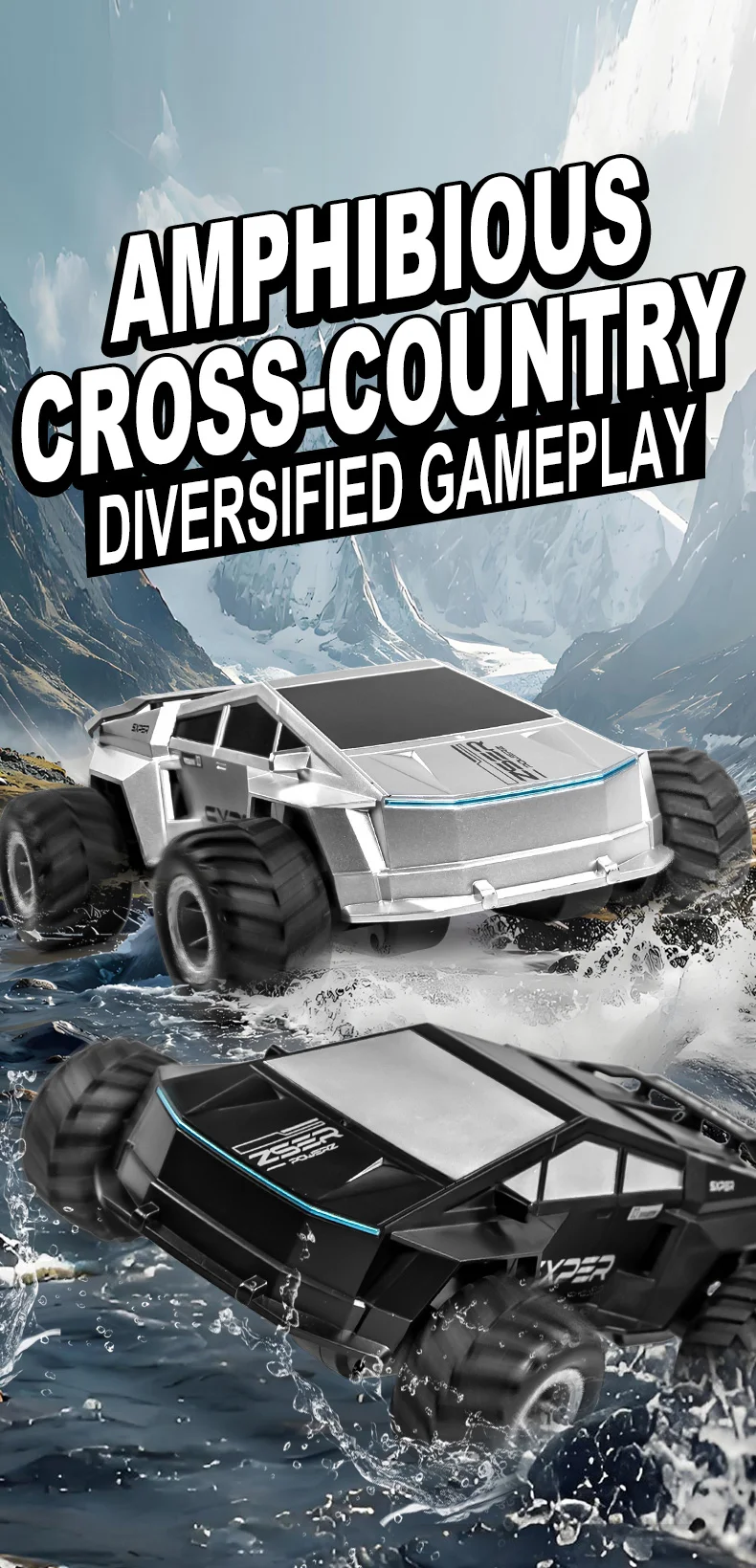 Voiture télécommandée amphibie 4x4 Q212 2,4 GHz avec rotation à 360°, 1 batterie incluse - Noir