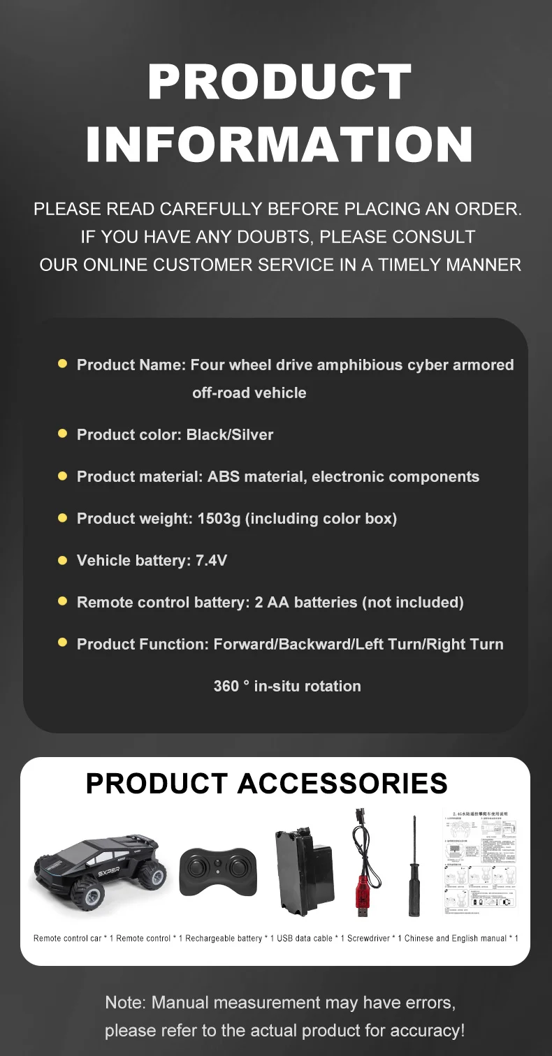 Voiture télécommandée amphibie 4x4 Q212 2,4 GHz avec rotation à 360°, 1 batterie incluse - Noir 15