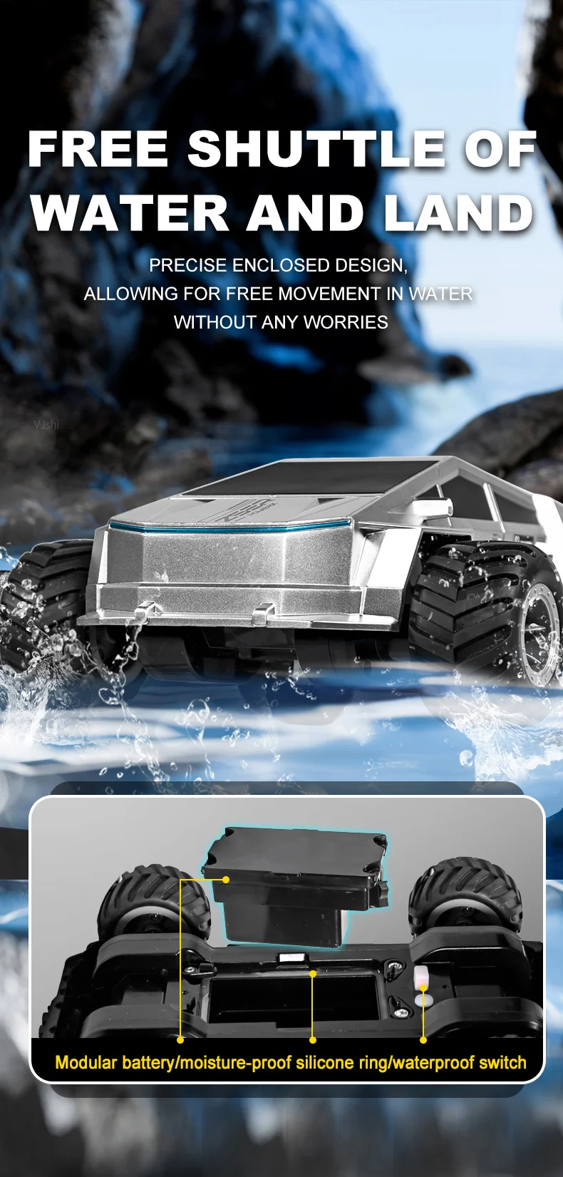 Voiture télécommandée amphibie 4x4 Q212 2,4 GHz avec rotation à 360°, véhicule tout-terrain, 1 batterie incluse - Noir (2 unités)