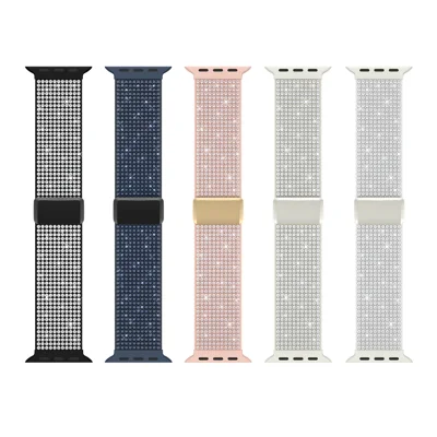 Magnetic Strap for Apple Watch Ultra 4 3 2 1 49mm / Series 12 11 10 46mm / 9 8 7 45mm / SE3 SE2 SE 6 5 4 44mm / 3 2 1 42mm Rhinestone Nylon Loop Watch Band - Black / White Rhinestone