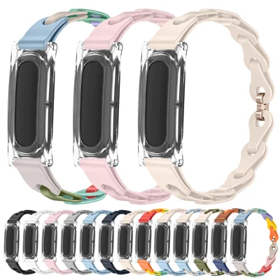 Voor Google Fitbit Air Silicone Chain Band Holle Link Band met Transparante PC-beschermhoes - Wit / Roségoud Klep