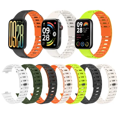 Silikonowy pasek do Xiaomi Smart Band 10 Pro / 9 Pro / 8 Pro / Redmi Watch 6 / 5 / 4, magnetyczny oddychający dwukolorowy zamienny pasek - zielony trawiasty+pomarańczowy