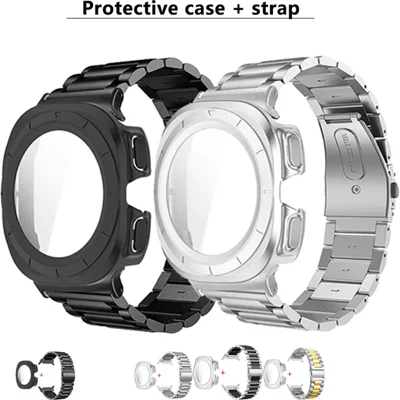 For Samsung Galaxy Watch Ultra 47mm / Ultra (2025) 47mm 3-Bead Stainless Steel Band + PC Watch Case with Tempered Glass Screen Protector - Black