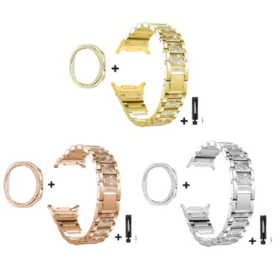 Rhinestone Watch Band for Samsung Galaxy Watch9 44mm / Watch8 44mm 3-Bead Stainless Steel Strap with Half-wrap Protective Case and Link Removal Tool - Silver