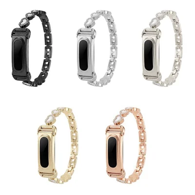 For Google Fitbit Air Zinc Alloy Metal Link Watch Band Heart Shape Faux Pearl Inlay Detachable Bracelet Strap - Black
