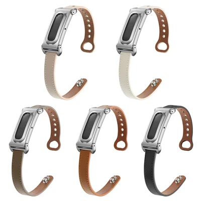 För Google Fitbit Air Riktigt Nöttestrumpa + Rostfritt Stål Armband Dubbla Spikar Armband - Kaffe