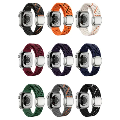 Silicone Watch Strap for Apple Watch Ultra 4 3 2 1 49mm  /  Series 12 11 10 46mm  /  9 8 7 45mm  /  SE3 SE2 SE 6 5 4 44mm  /  3 2 1 42mm Magnetic Clasp Breathable Ventilation Holes Band - Orange+Black