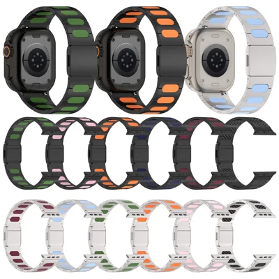 Magnetic Watch Strap for Apple Watch Series 12 11 10 42mm  /  9 8 7 41mm  /  SE3 SE2 SE 6 5 4 40mm  /  3 2 1 38mm Silicone + Alloy Buckle Dual Color Watch Band - Silver+Orange