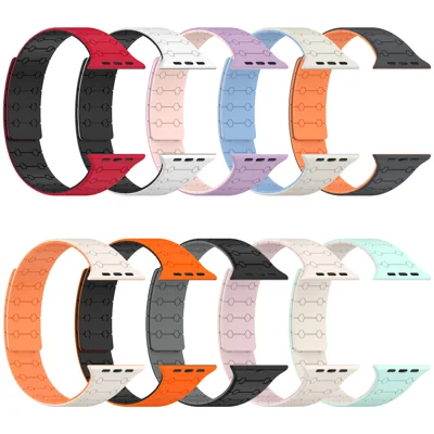 Magnetic Silicone Strap for Apple Watch Series 12 11 10 42mm / 9 8 7 41mm / SE3 SE2 SE 6 5 4 40mm / 3 2 1 38mm Hexagonal Texture Dual-Color Watch Band - Antique White / Blue