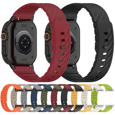 Watch Band for Apple Watch Ultra 4 3 2 1 49mm  /  Series 12 11 10 46mm  /  9 8 7 45mm  /  SE3 SE2 SE 6 5 4 44mm  /  3 2 1 42mm Magnetic Silicone + Stainless Steel Wrist Strap - Wine Red