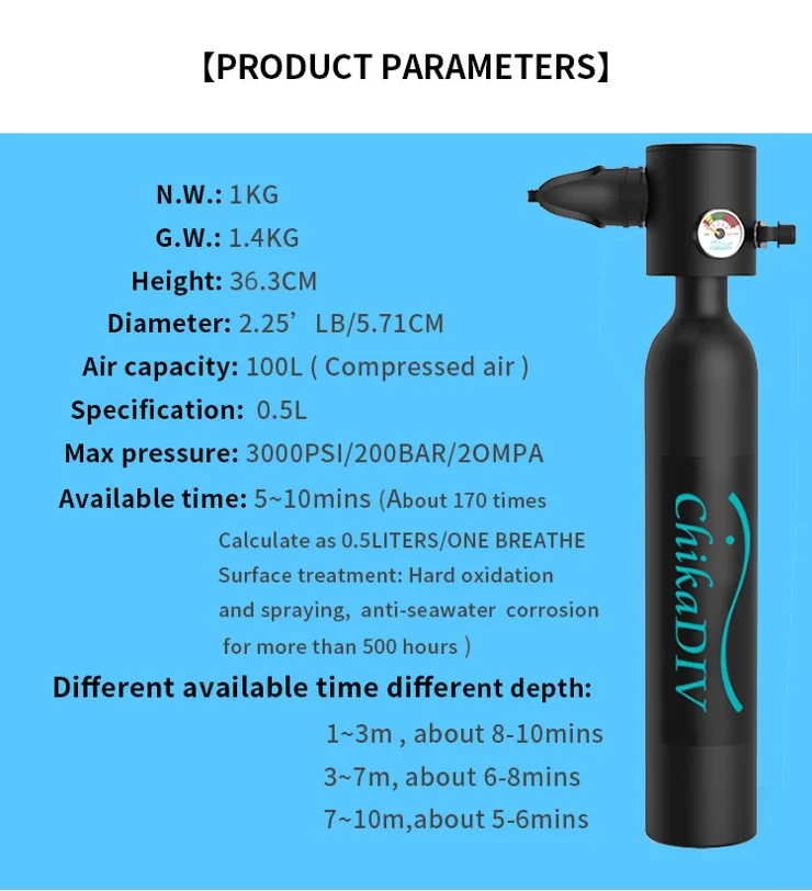 Bottiglia D'Aria Mini Subacquea CHIKADIV C300 - 0.5L, 5-10 Minuti, Portatile Per Emergenze - Foto 13