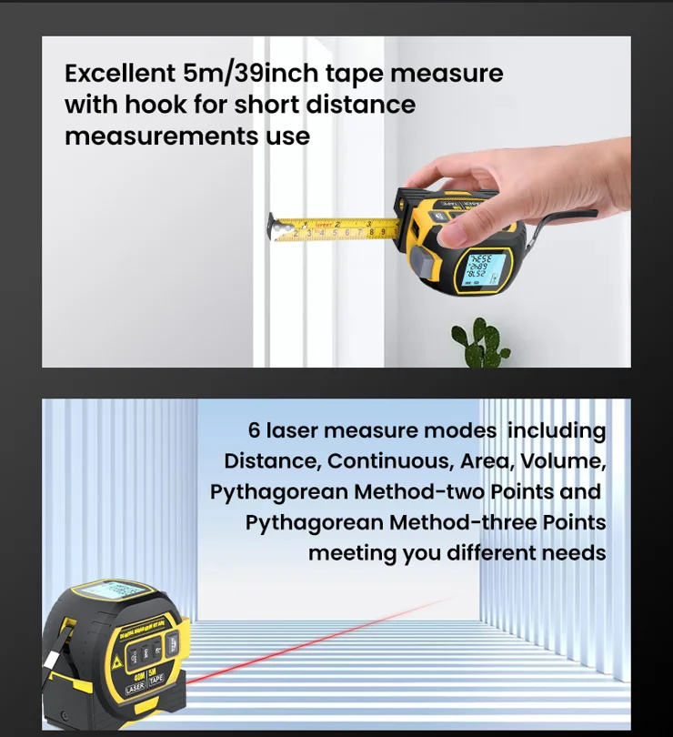 2-in-1 Laser Meetlint, Inkerma 130Ft/40m Laser Meetinstrument & 16Ft/5m Meetlint, Digitaal Laser Meetlint met M/In/Ft/Ft In Eenheden, LCD Display, Zelfklemmend Meetlint, Riemclip