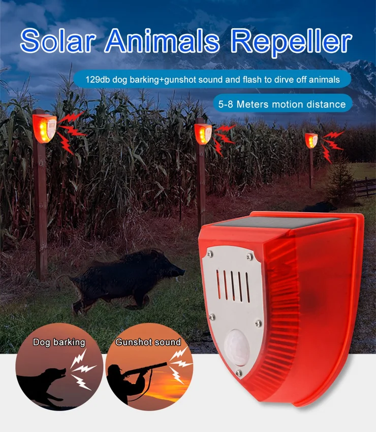 Solar Outdoor Motion Sensor Alarm: Dog Barking & Gunshot Sounds, 130db