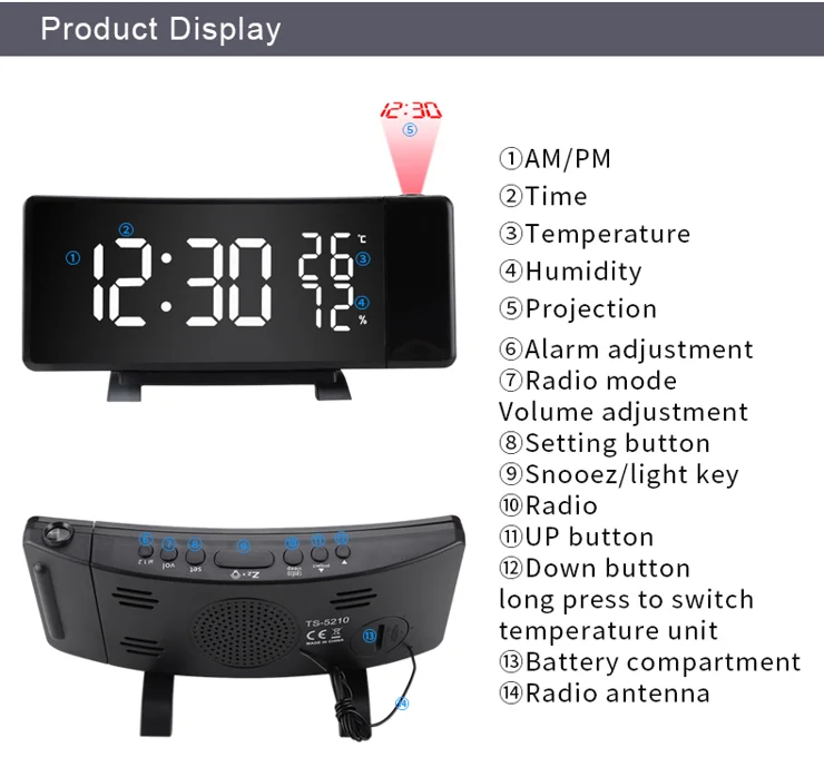 TS-5210 Reloj despertador digital con proyección LED, Radio FM