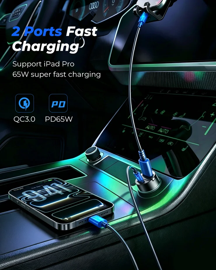 JOYROOM JR-CCN18 PD 65W Fast Charging Adapter USB-A + USB-C Dual Port Car  Charger - Black