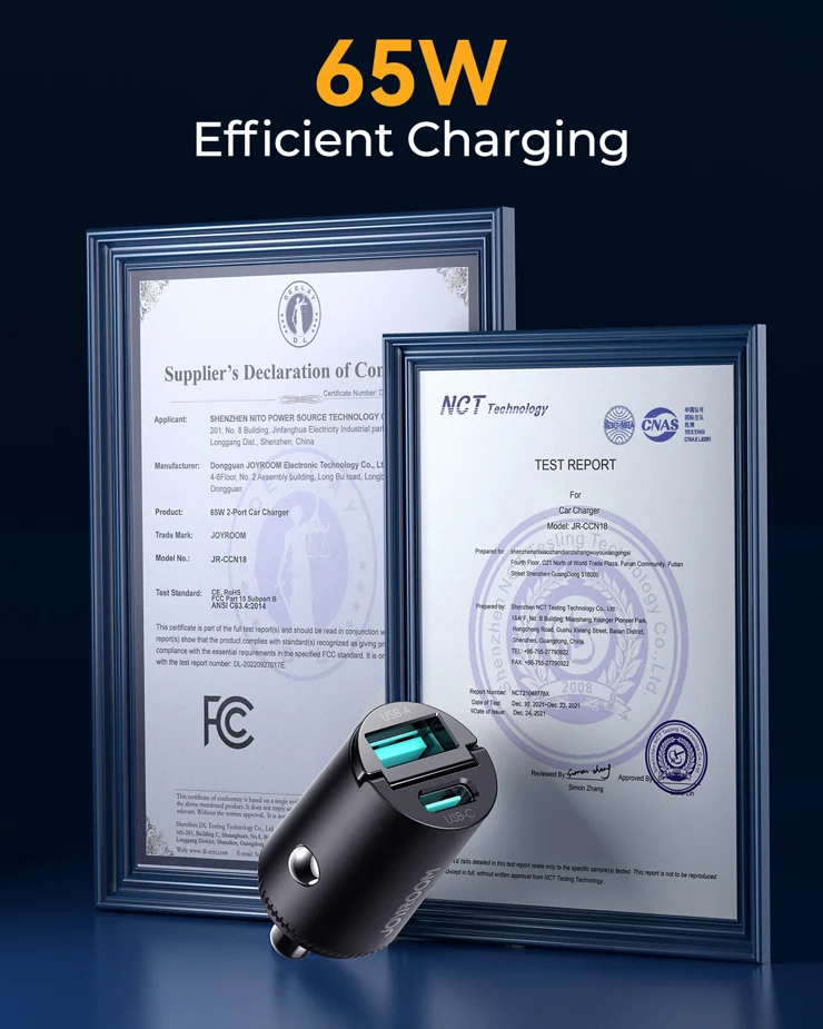 JOYROOM JR-CCN18 PD 65W Fast Charging Adapter USB-A + USB-C Dual Port Car  Charger - Black