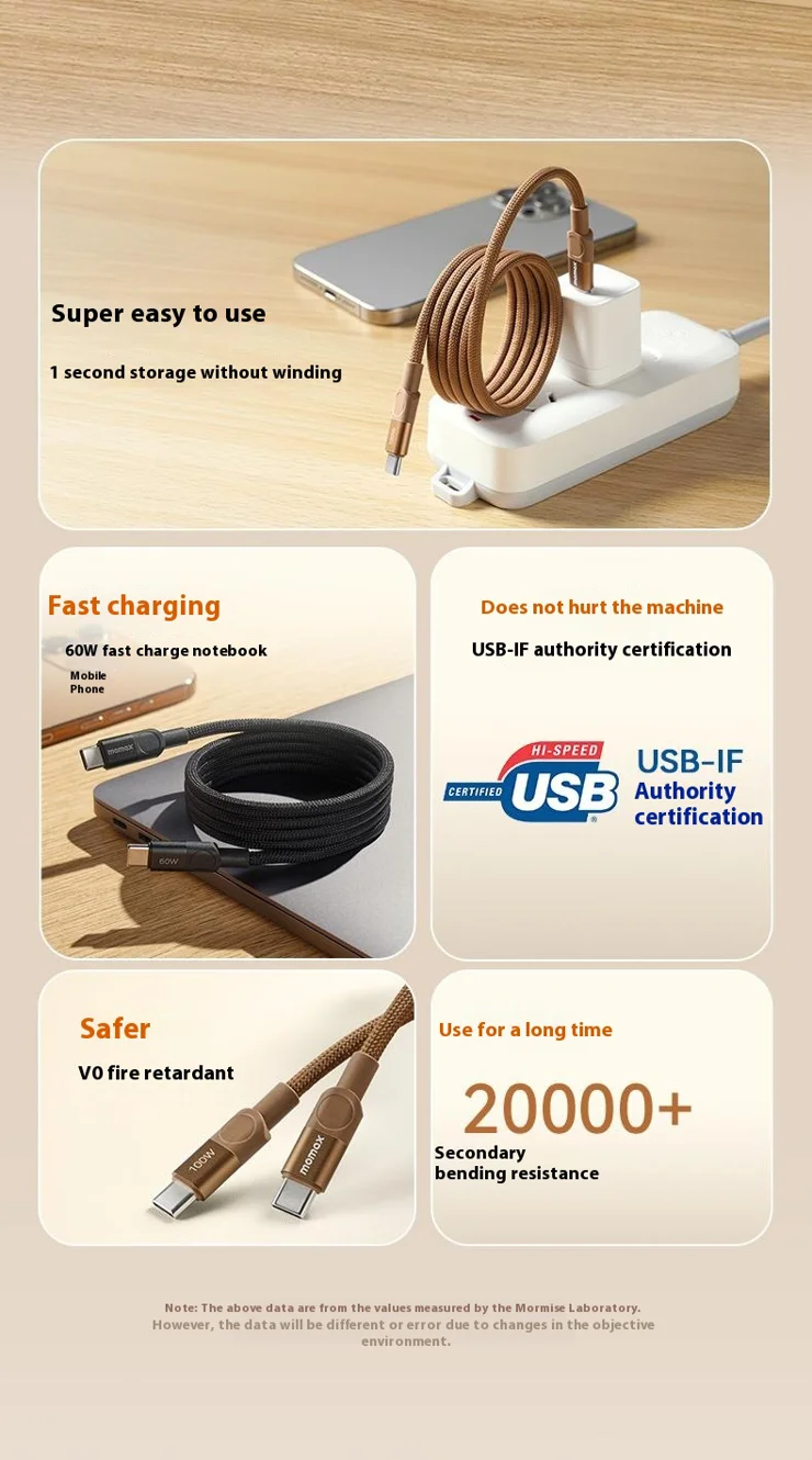 Cavo MOMAX USB-C A USB-C 100W Magnetico Autoavvolgente, 2 Metri, Nylon Intrecciato, Ricarica Rapida PD E Trasferimento Dati 480 Mbps