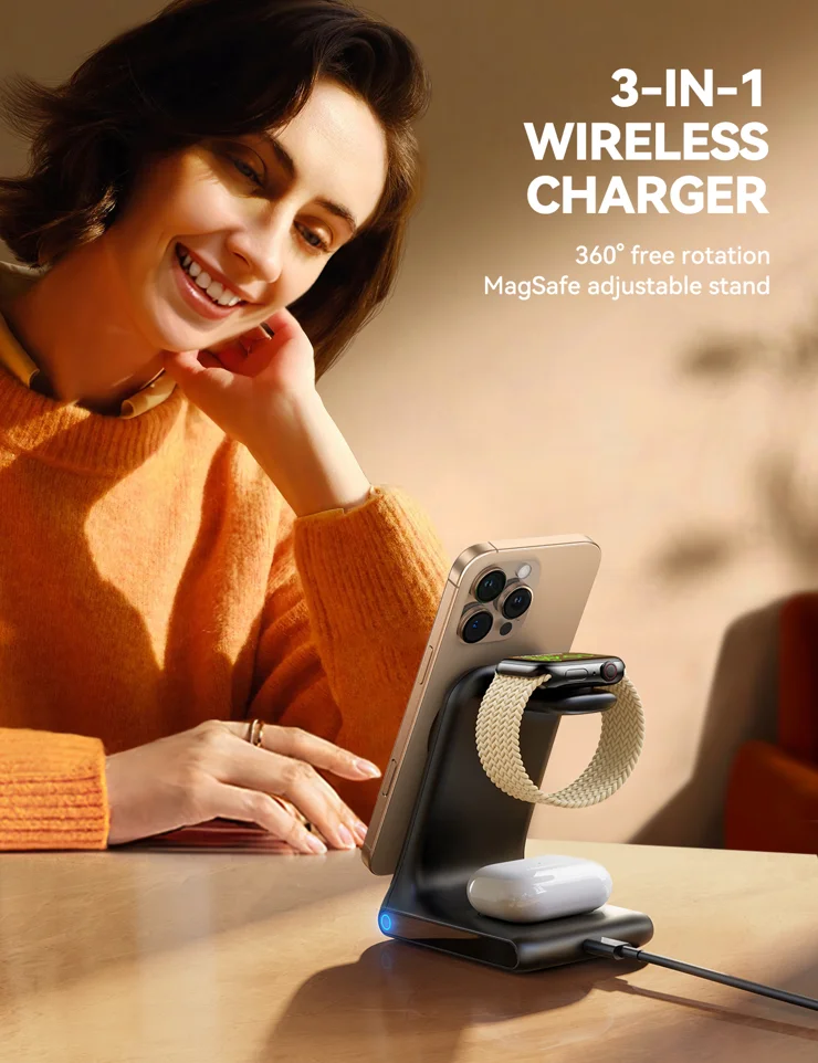 JOYROOM JR-W15 3 in 1 Magnetic Desktop Wireless Charger for iPhone / Apple  Watch / Airpods 15W Charging Stand