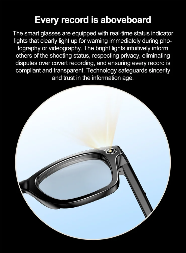 Lunettes Smartglasses IA - Caméra 32MP, Vidéo 1200p - Bluetooth, WiFi - Verres Photochromiques - Assistant Vocal - Autonomie Longue