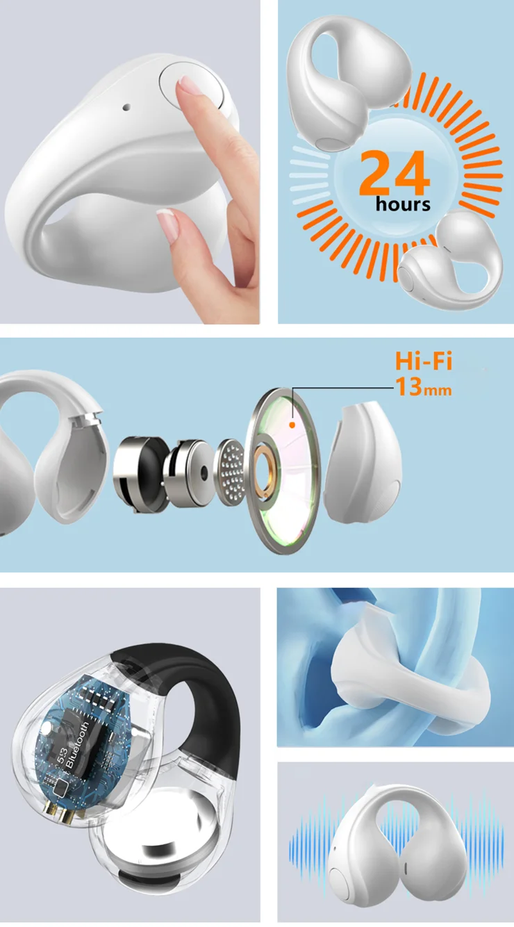 Cuffie Wireless A Clip Con Gancio Regolabile – Bluetooth 5.4, Suono Spaziale, 36 Ore Di Autonomia E Silicone Morbido (Rosso) - 2