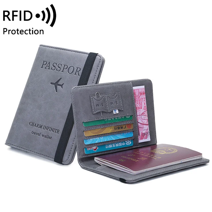Leather Passport ID Card Holder Case Cover RFID Blocking Travel Wallet - Grey Leather Passport ID Card Holder Case Cover RFID Blocking Travel Wallet - Grey