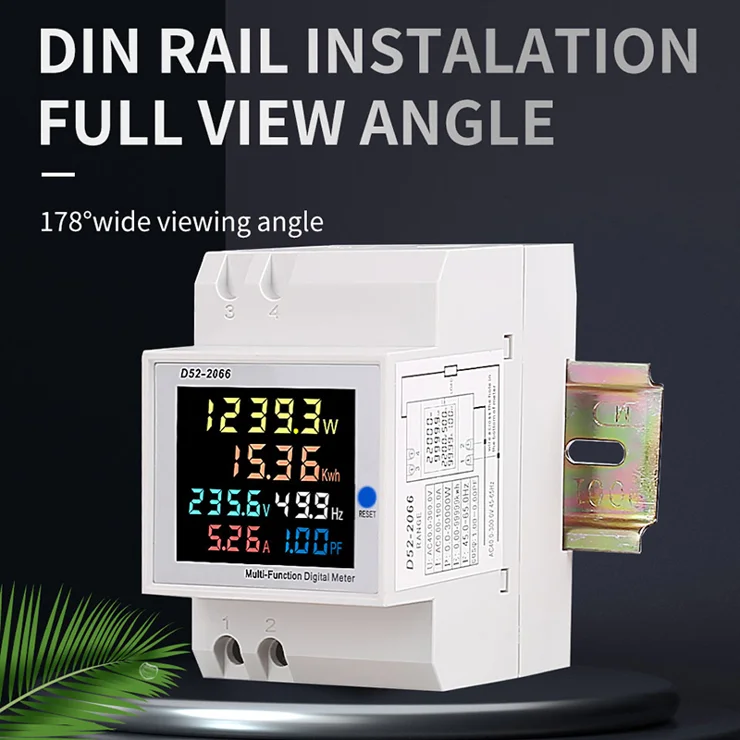 D52-2066 DIN-Rail LCD Digital Power Meter – AC Voltage, Current, Frequency, HD Color Display
