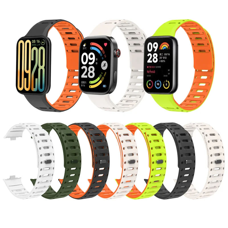Silicone Strap for Xiaomi Smart Band 10 Pro / 9 Pro / 8 Pro / Redmi Watch 6 / 5 / 4 Magnetic Breathable Two-Tone Replacement Band - Grass Green+Orange