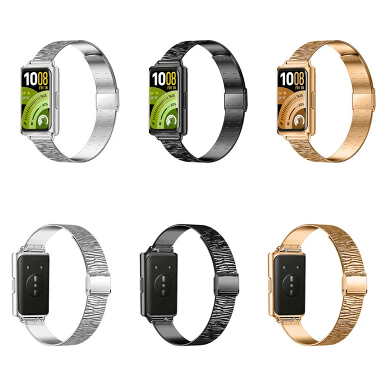 For Huawei Band 11 / 11 Pro Crushed Grain Texture Stainless Steel Replacement Wristband with Magnetic Buckle - Light Ink