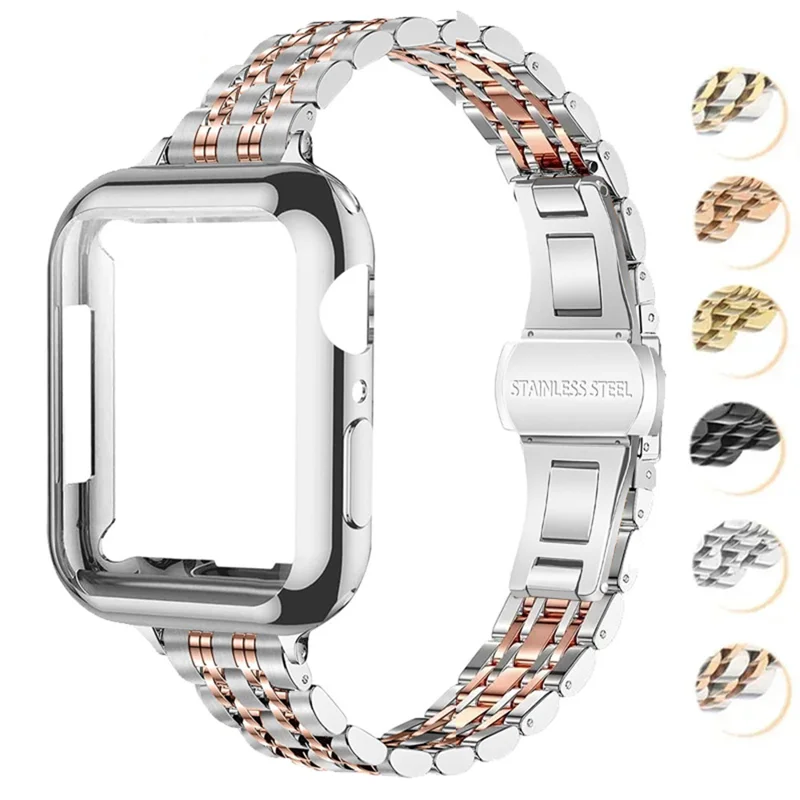 For Apple Watch Ultra 3 2 1 49mm Band 7-Bead Stainless Steel Strap with Full Coverage TPU Watch Case and Removal Tool - Black